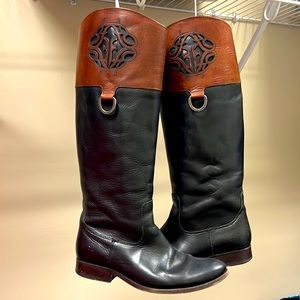 Frye Leather Riding boots. Black with brown cuff. Size 8 1/2.